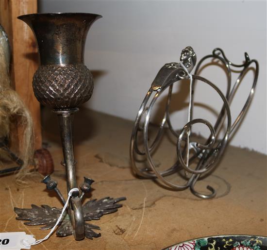 Elkington plate wine bottle stand and a plated thistle vase